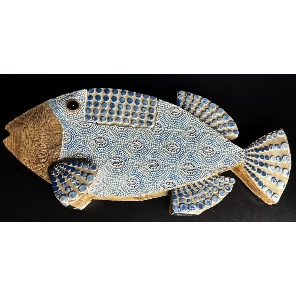 Hand Carved Wood Tropical Fish Coastal Beach House Sculpture Free Standing